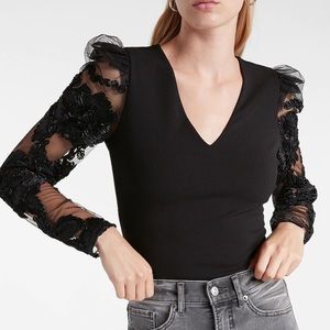 Express Floral Lace Sleeve Thong Bodysuit